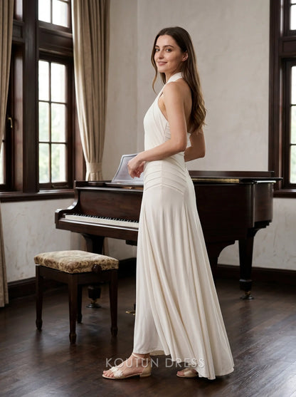 White Halter Neck Crisscross Front Pleated Waistband Flowy Jersey Floor Length Formal Evening Prom Dress