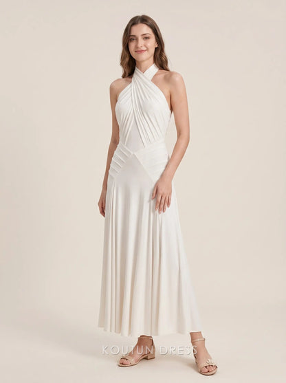 White Halter Neck Crisscross Front Pleated Waistband Flowy Jersey Floor Length Formal Evening Prom Dress