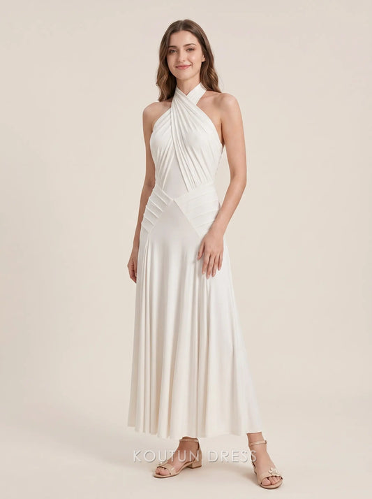 White Halter Neck Crisscross Front Pleated Waistband Flowy Jersey Floor Length Formal Evening Prom Dress