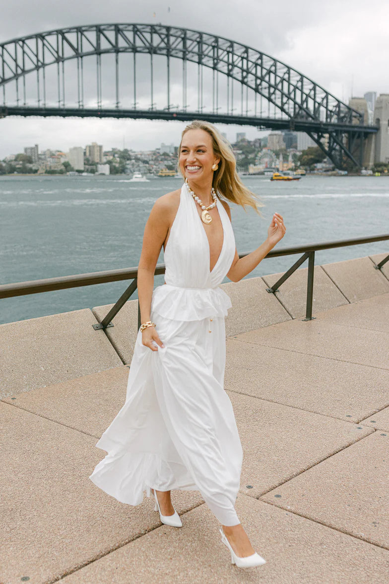 White Halter Neck Deep V Open Back Ruffled Waist Flowy A Line Prom Dress