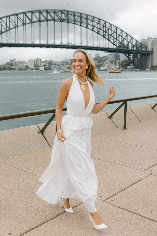 White Halter Neck Deep V Open Back Ruffled Waist Flowy A Line Prom Dress