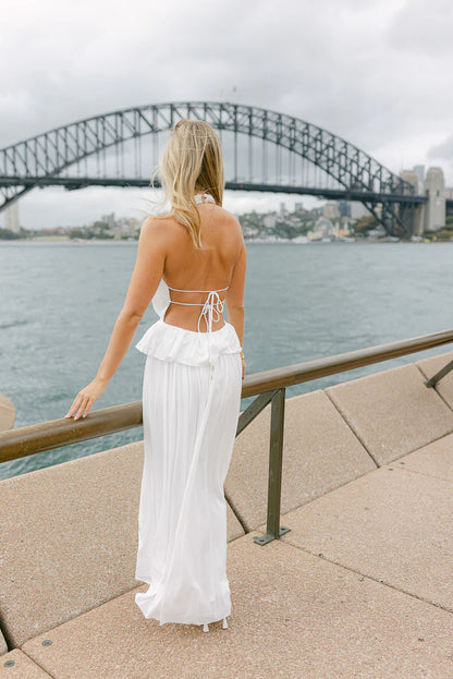 White Halter Neck Deep V Open Back Ruffled Waist Flowy A Line Prom Dress