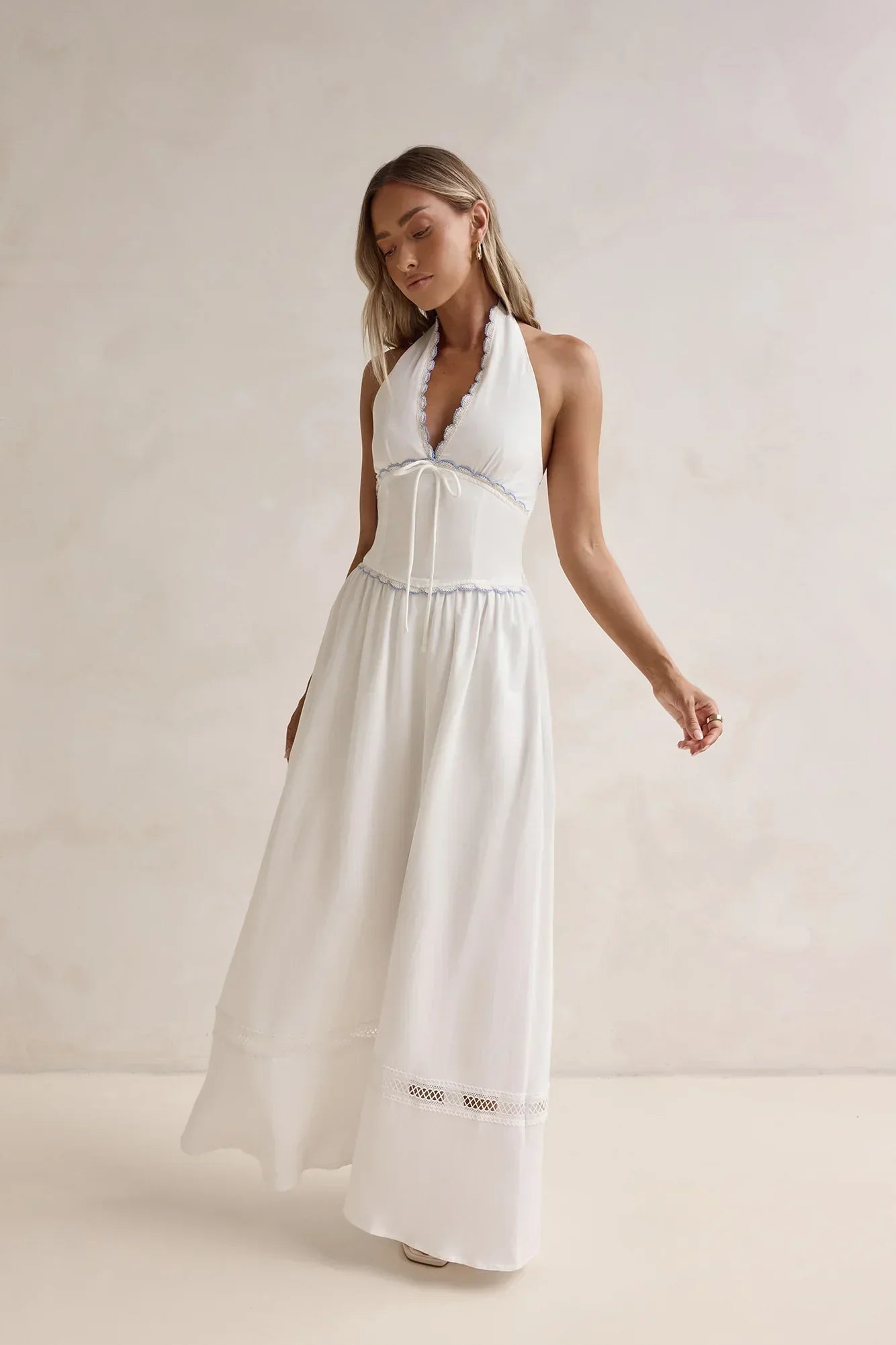 White Halter Neck Lace Trim Smocked Waist Tie Back Floor Length Formal Evening Prom Dress