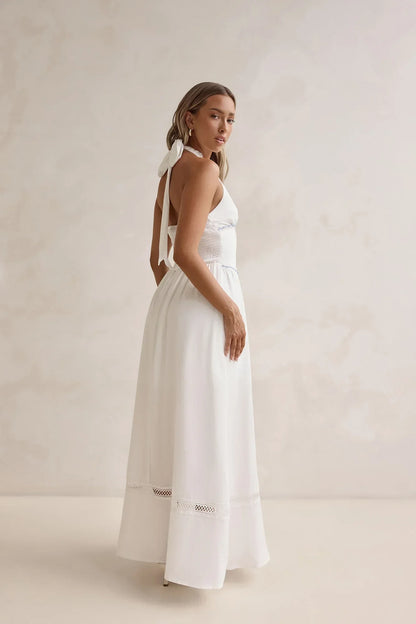 White Halter Neck Lace Trim Smocked Waist Tie Back Floor Length Formal Evening Prom Dress