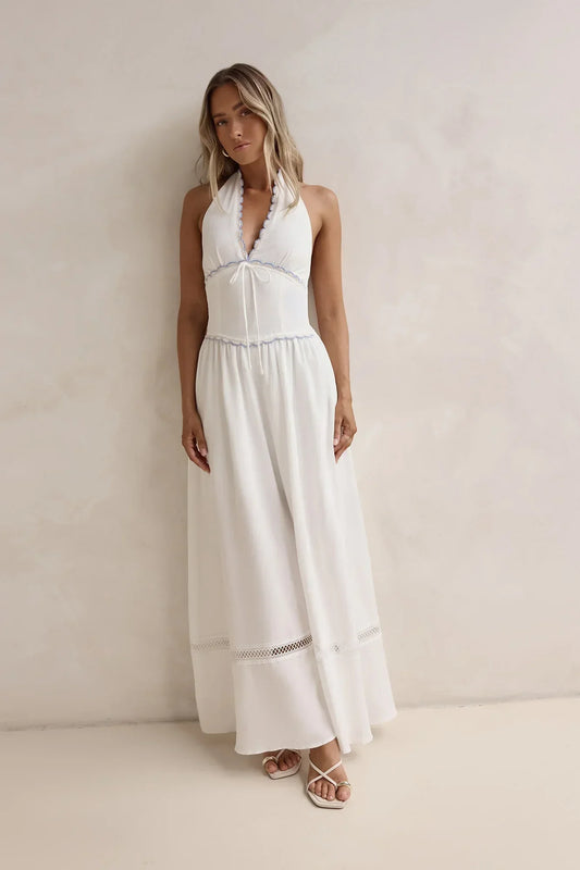 White Halter Neck Lace Trim Smocked Waist Tie Back Floor Length Formal Evening Prom Dress