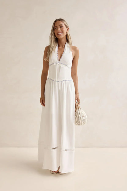 White Halter Neck Lace Trim Smocked Waist Tie Back Floor Length Formal Evening Prom Dress