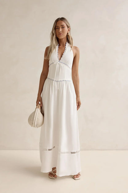 White Halter Neck Lace Trim Smocked Waist Tie Back Floor Length Formal Evening Prom Dress