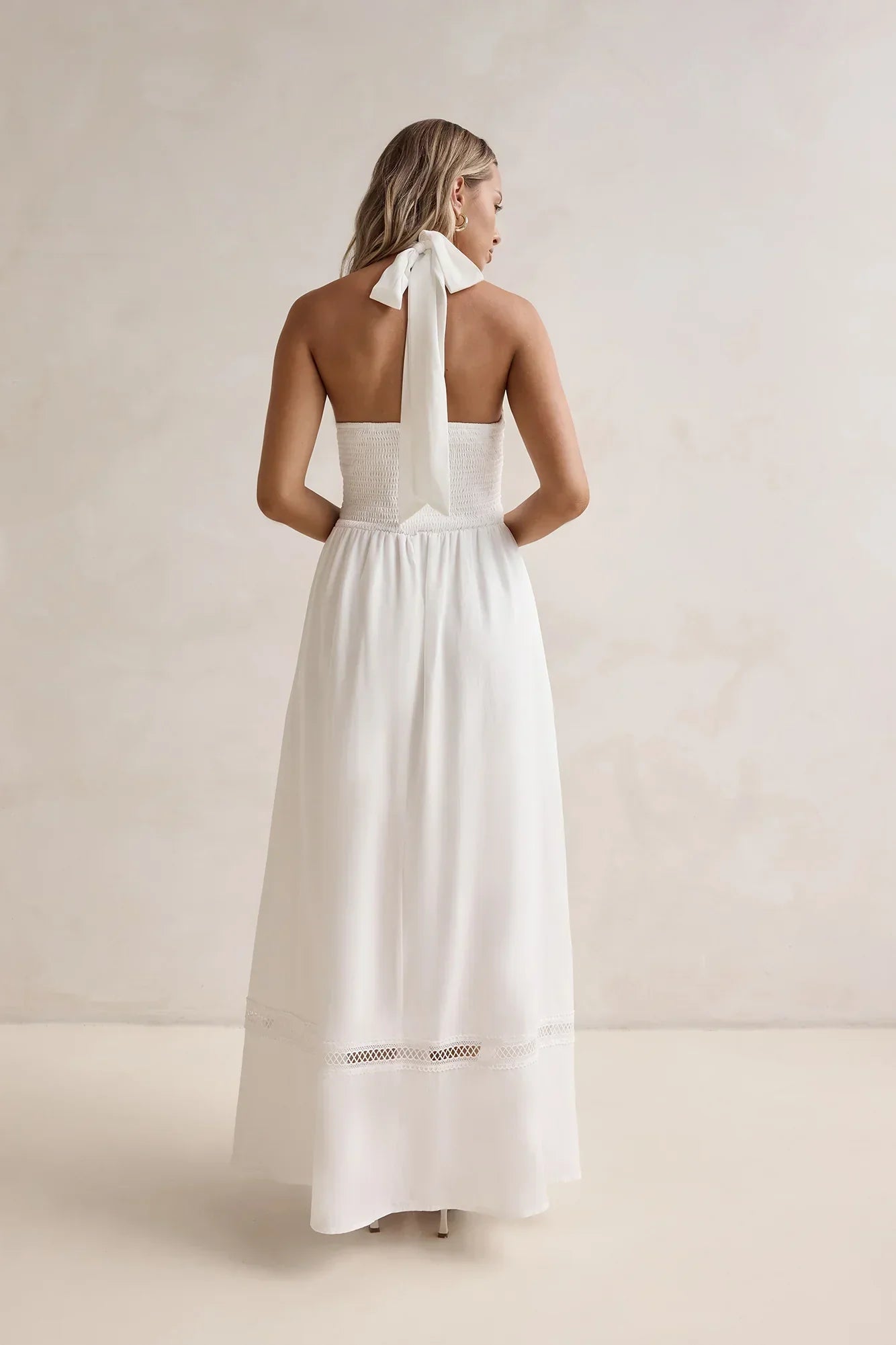 White Halter Neck Lace Trim Smocked Waist Tie Back Floor Length Formal Evening Prom Dress