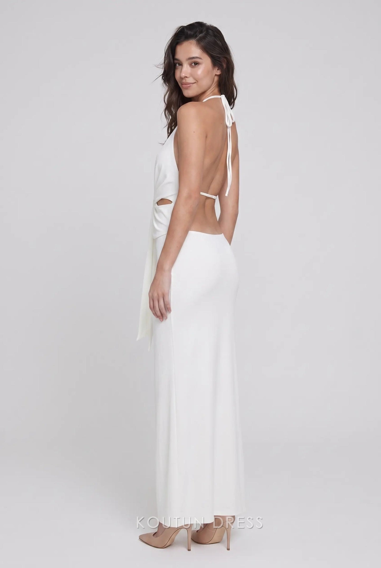 White Halter Neck Twist Front Open Back Cutout Mermaid Formal Evening Prom Dress