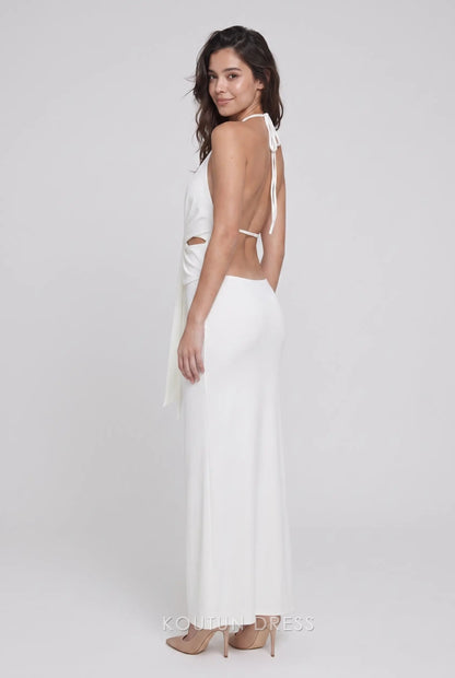 White Halter Neck Twist Front Open Back Cutout Mermaid Formal Evening Prom Dress