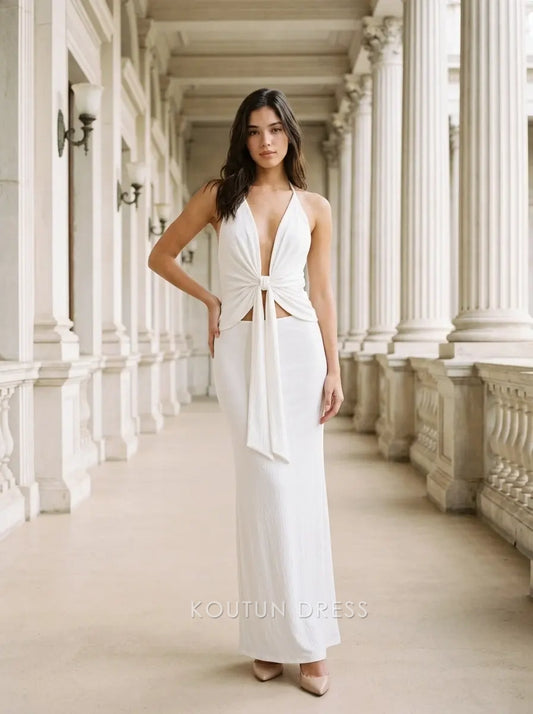 White Halter Neck Twist Front Open Back Cutout Mermaid Formal Evening Prom Dress