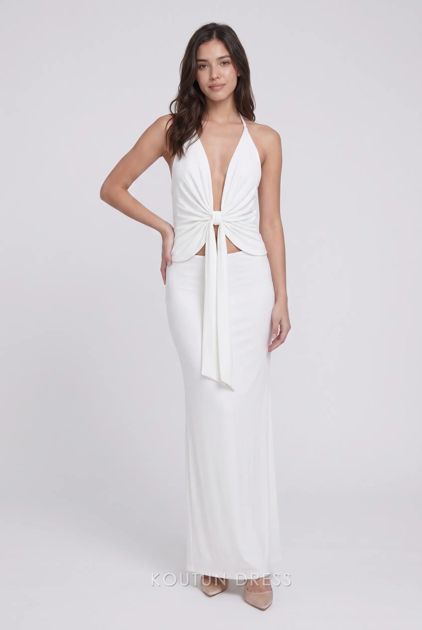 White Halter Neck Twist Front Open Back Cutout Mermaid Formal Evening Prom Dress