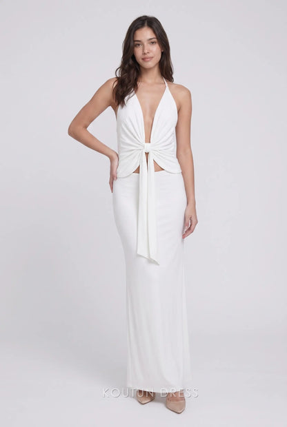 White Halter Neck Twist Front Open Back Cutout Mermaid Formal Evening Prom Dress