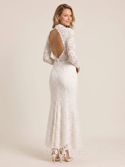 White High Neck Long Sleeve Open Back Floral Lace Mermaid Floor Length Formal Evening Prom Dress