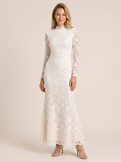 White High Neck Long Sleeve Open Back Floral Lace Mermaid Floor Length Formal Evening Prom Dress