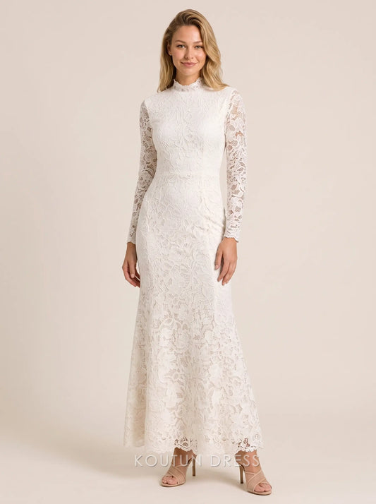 White High Neck Long Sleeve Open Back Floral Lace Mermaid Floor Length Formal Evening Prom Dress
