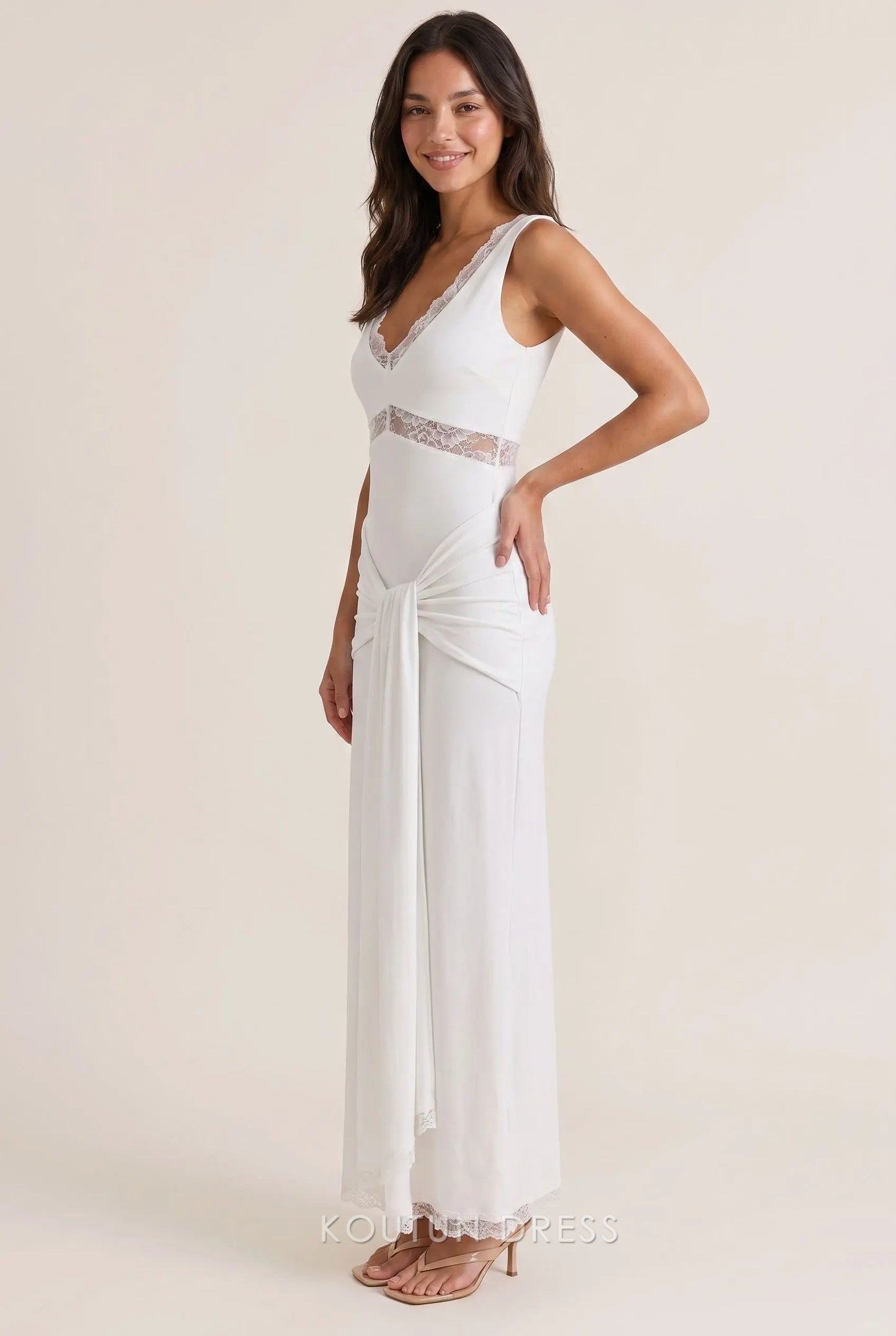 White Jersey Mermaid V Neck Sleeveless Lace Cutout Knotted Waist Open Back Floor Length Formal Evening Prom Dress