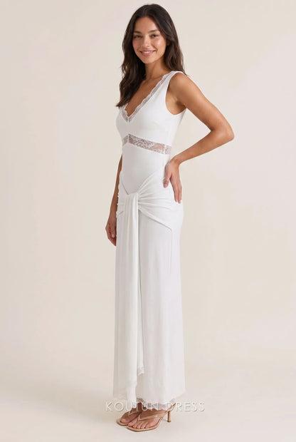 White Jersey Mermaid V Neck Sleeveless Lace Cutout Knotted Waist Open Back Floor Length Formal Evening Prom Dress