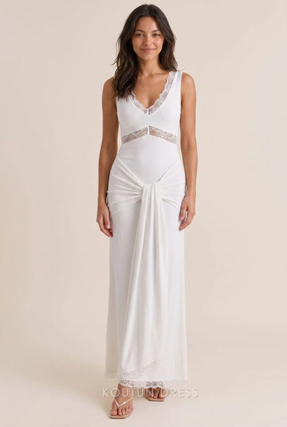 White Jersey Mermaid V Neck Sleeveless Lace Cutout Knotted Waist Open Back Floor Length Formal Evening Prom Dress