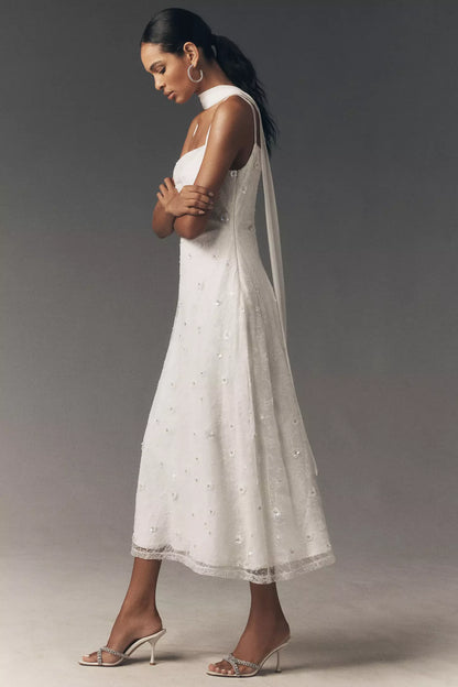 White Lace Beaded Floral Embroidered Scarf Strap Square Neck Midi Prom Dress