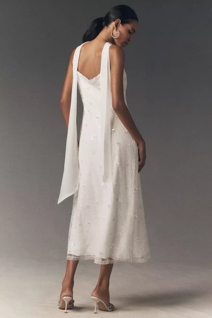 White Lace Beaded Floral Embroidered Scarf Strap Square Neck Midi Prom Dress