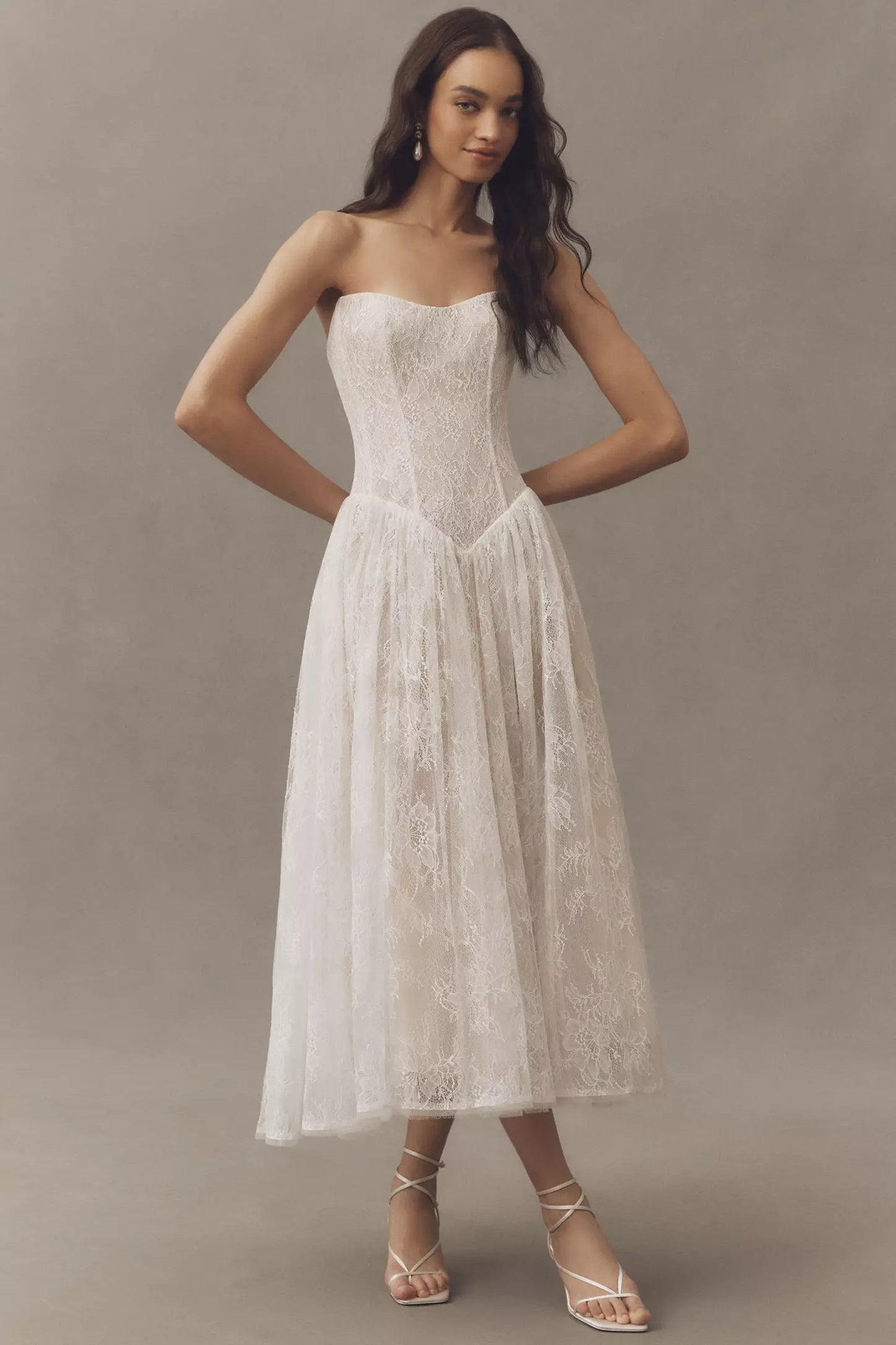 White Lace Strapless Sweetheart Neck Corset Bodice Tulle Midi Prom Dress
