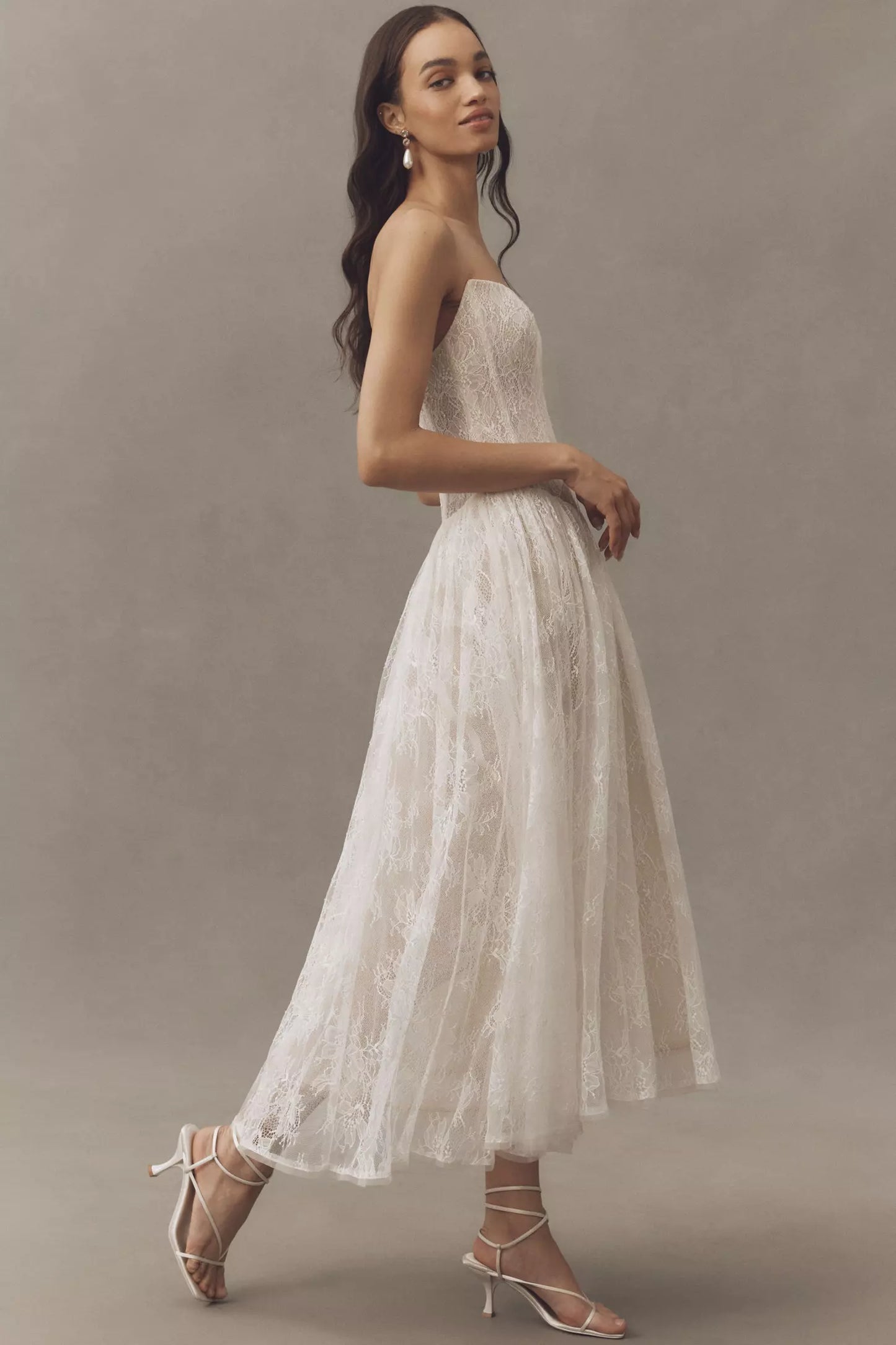 White Lace Strapless Sweetheart Neck Corset Bodice Tulle Midi Prom Dress