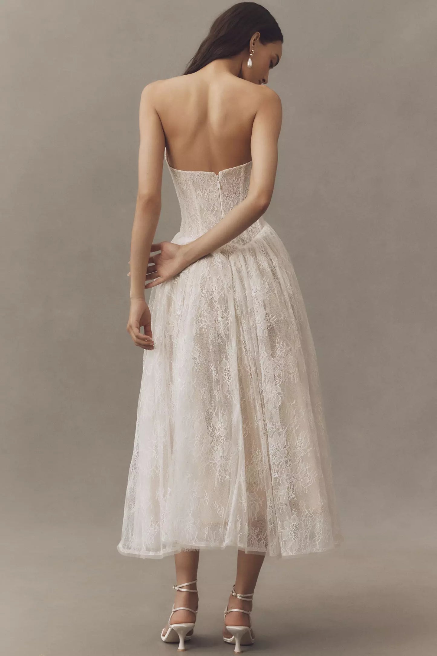 White Lace Strapless Sweetheart Neck Corset Bodice Tulle Midi Prom Dress