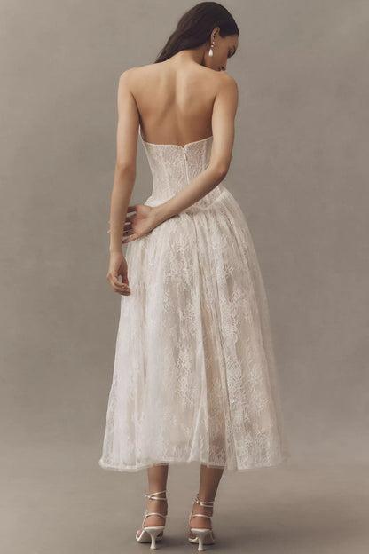White Lace Strapless Sweetheart Neck Corset Bodice Tulle Midi Prom Dress