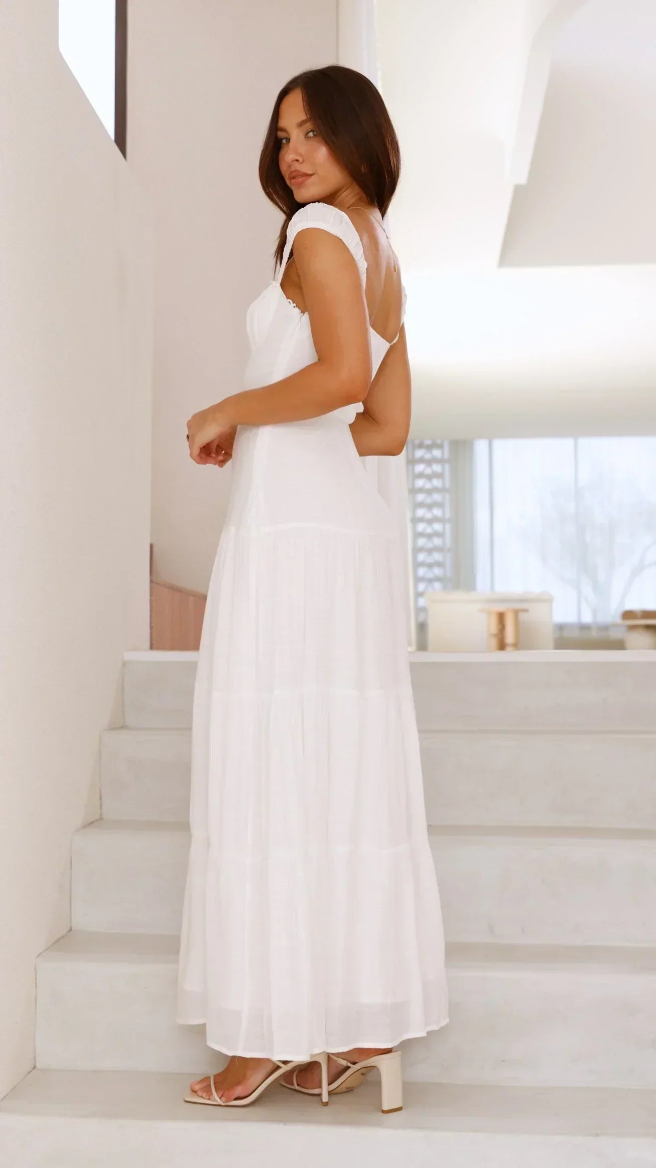 White Off The Shoulder Lace Trim Tiered Maxi Formal Evening Prom Dress