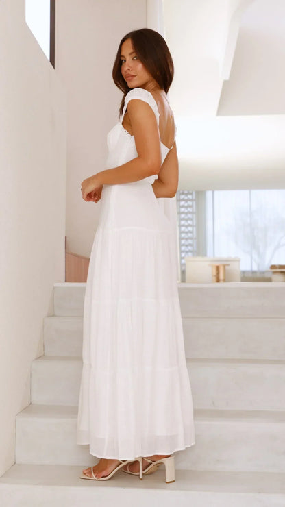 White Off The Shoulder Lace Trim Tiered Maxi Formal Evening Prom Dress