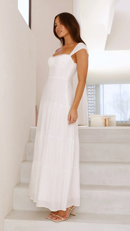 White Off The Shoulder Lace Trim Tiered Maxi Formal Evening Prom Dress