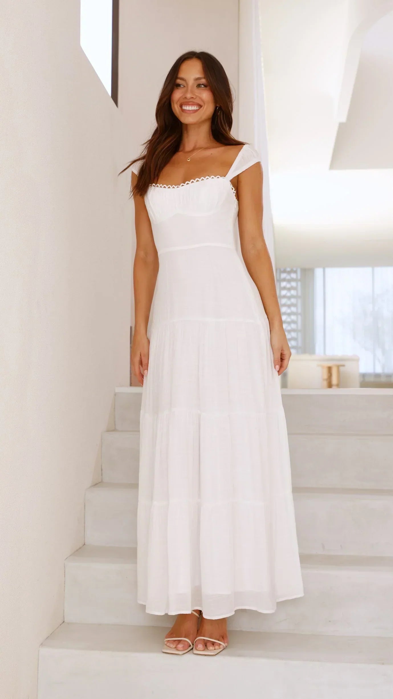 White Off The Shoulder Lace Trim Tiered Maxi Formal Evening Prom Dress