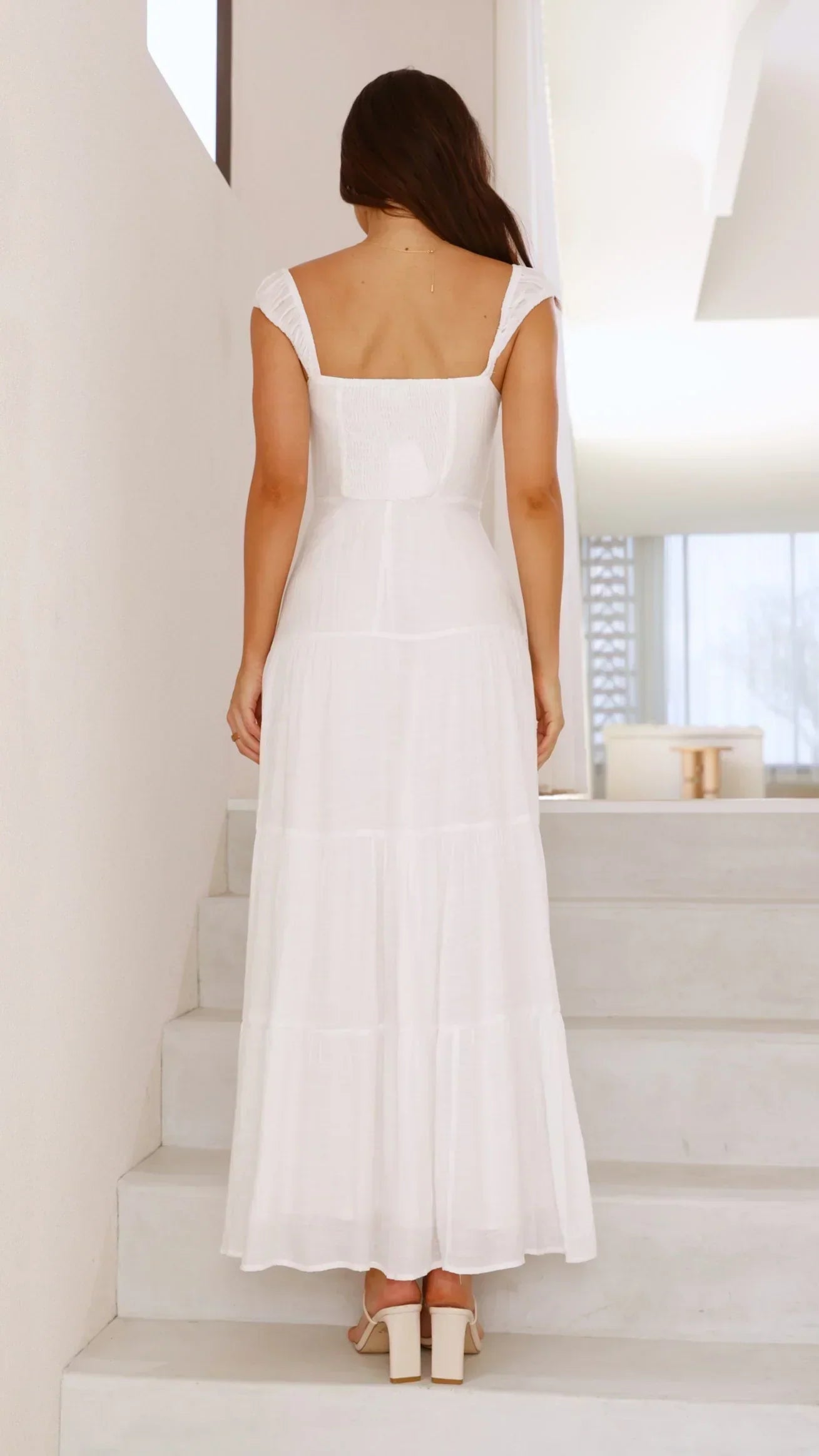White Off The Shoulder Lace Trim Tiered Maxi Formal Evening Prom Dress