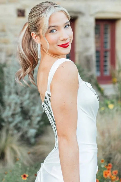 White One Shoulder Satin Evening Dresses with Mirror Accents Lace-Up Back Front Slit Floor-Length Skirt for Wedding and Gala