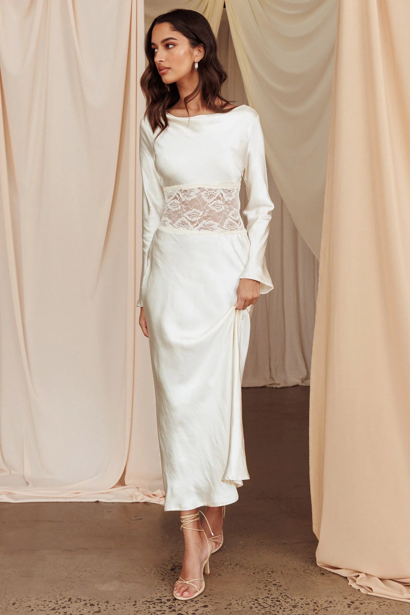 White Satin Cowl Back Lace Waist Long Sleeve Midi Prom Dress