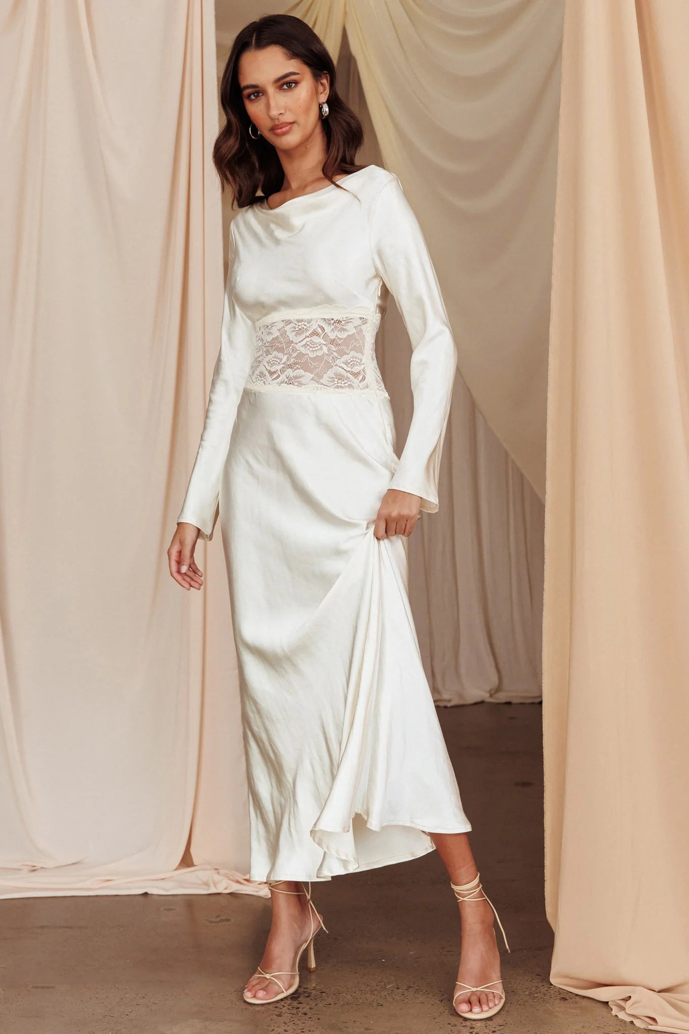 White Satin Cowl Back Lace Waist Long Sleeve Midi Prom Dress