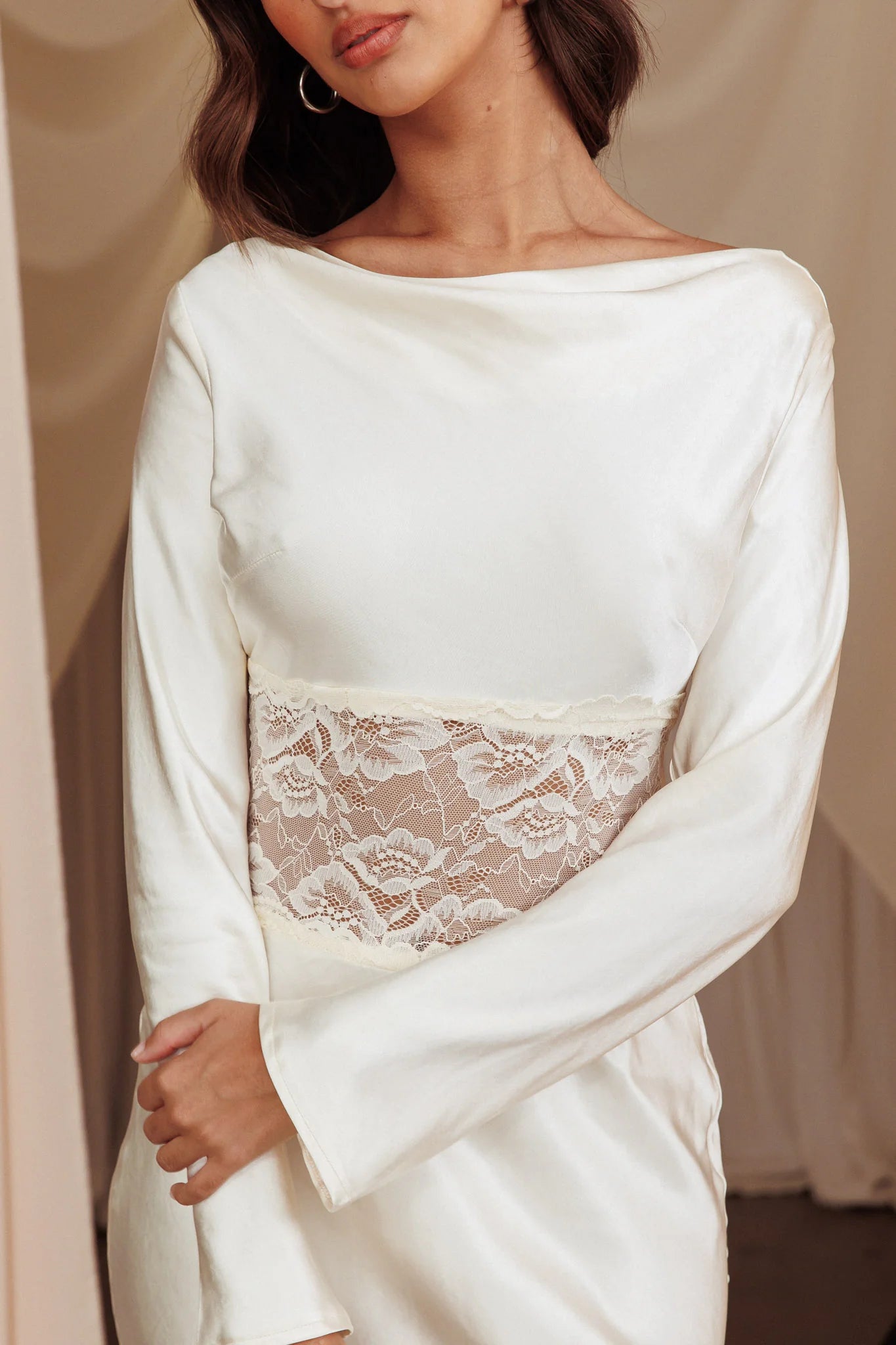 White Satin Cowl Back Lace Waist Long Sleeve Midi Prom Dress