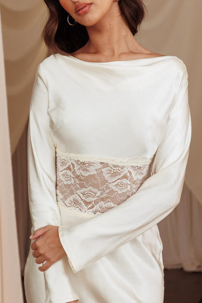 White Satin Cowl Back Lace Waist Long Sleeve Midi Prom Dress