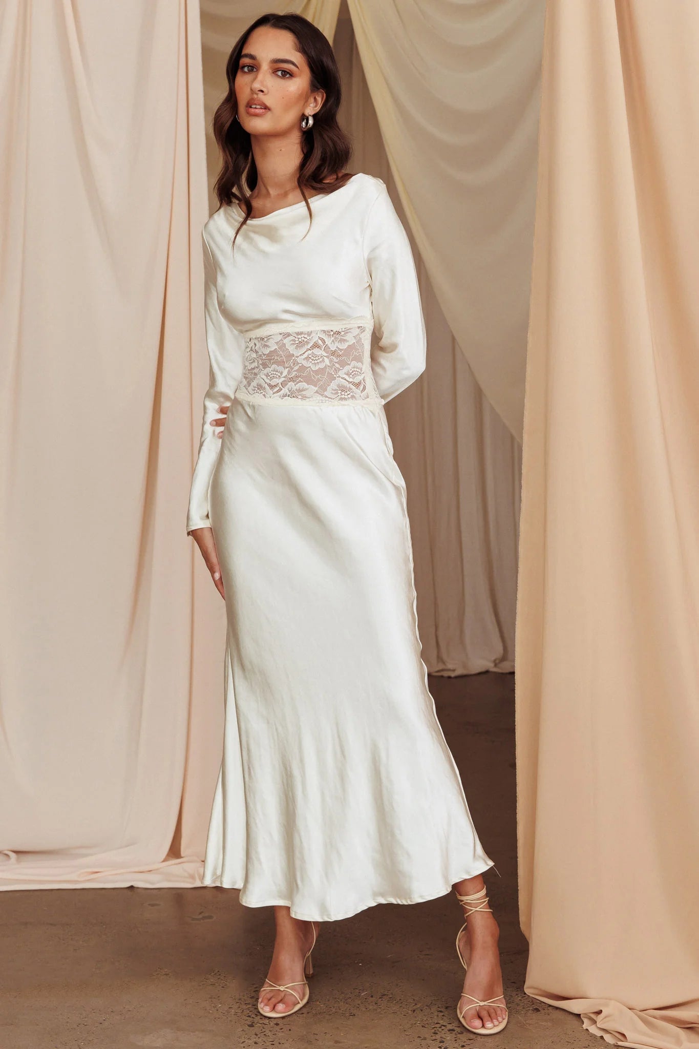 White Satin Cowl Back Lace Waist Long Sleeve Midi Prom Dress