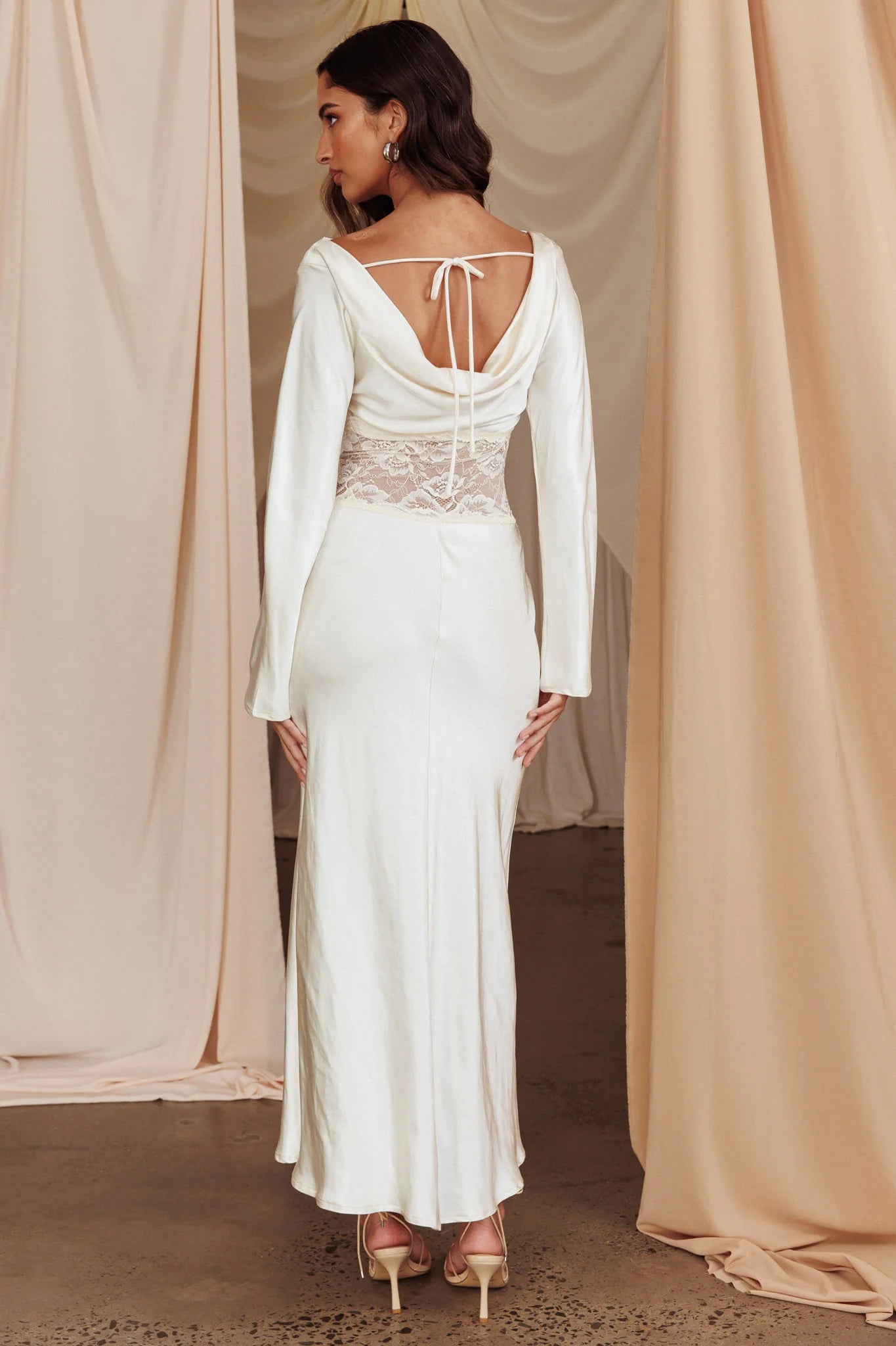 White Satin Cowl Back Lace Waist Long Sleeve Midi Prom Dress