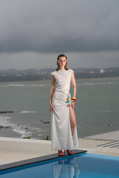 White Satin Mermaid Round Neck Cap Sleeve Rhinestone Embellished Floral Applique High Slit Floor Length Formal Evening Prom Dress