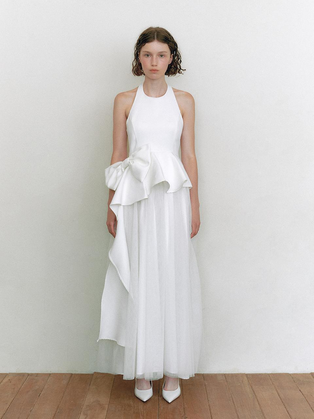 White Satin Tulle A Line Halter Neck Bow Detail Asymmetrical Peplum Floor Length Formal Evening Prom Dress