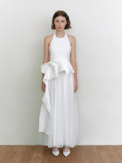 White Satin Tulle A Line Halter Neck Bow Detail Asymmetrical Peplum Floor Length Formal Evening Prom Dress