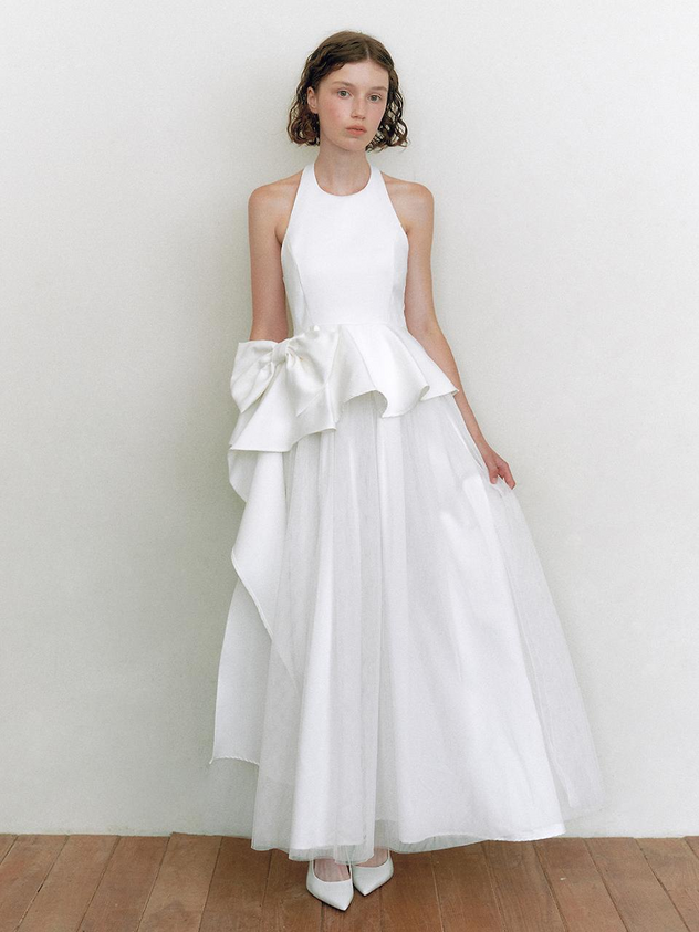 White Satin Tulle A Line Halter Neck Bow Detail Asymmetrical Peplum Floor Length Formal Evening Prom Dress