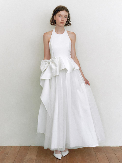White Satin Tulle A Line Halter Neck Bow Detail Asymmetrical Peplum Floor Length Formal Evening Prom Dress