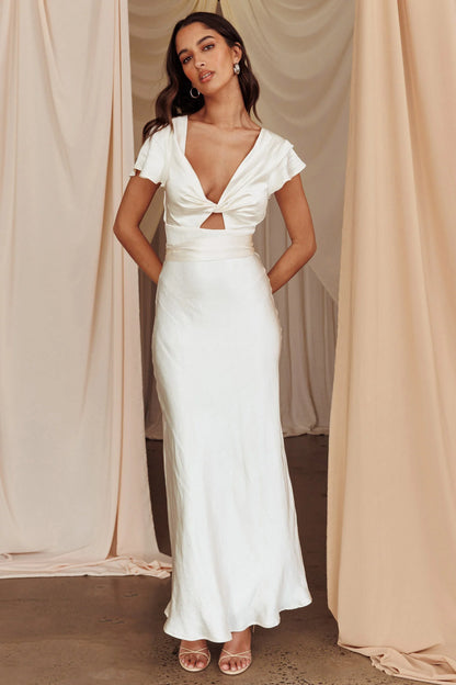 White Satin Twist Front Cutout Flutter Sleeve Tie Back Maxi Prom Dress