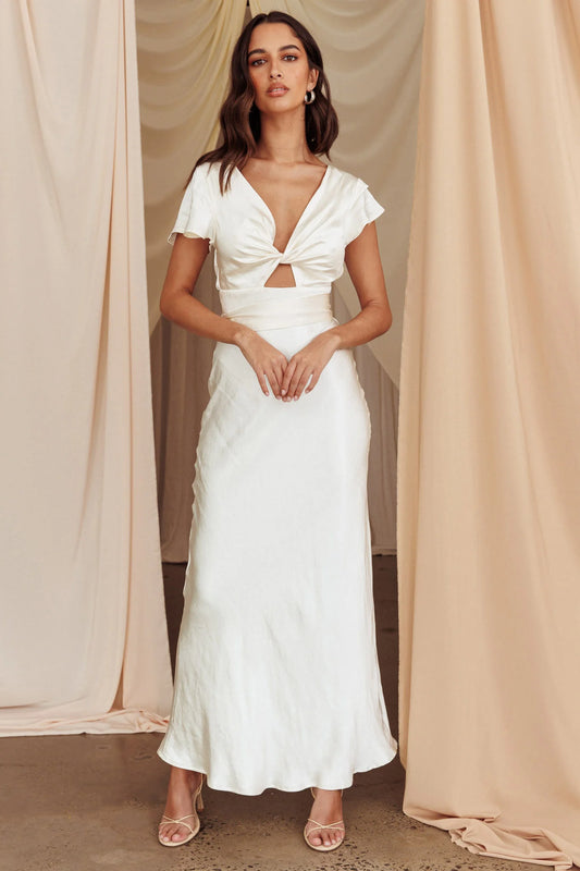 White Satin Twist Front Cutout Flutter Sleeve Tie Back Maxi Prom Dress