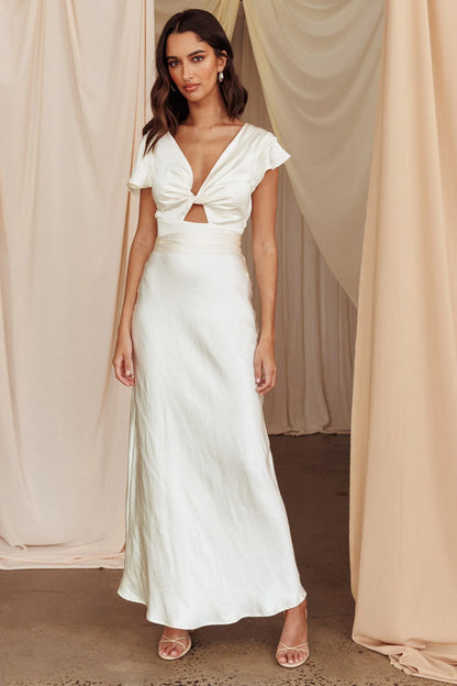 White Satin Twist Front Cutout Flutter Sleeve Tie Back Maxi Prom Dress