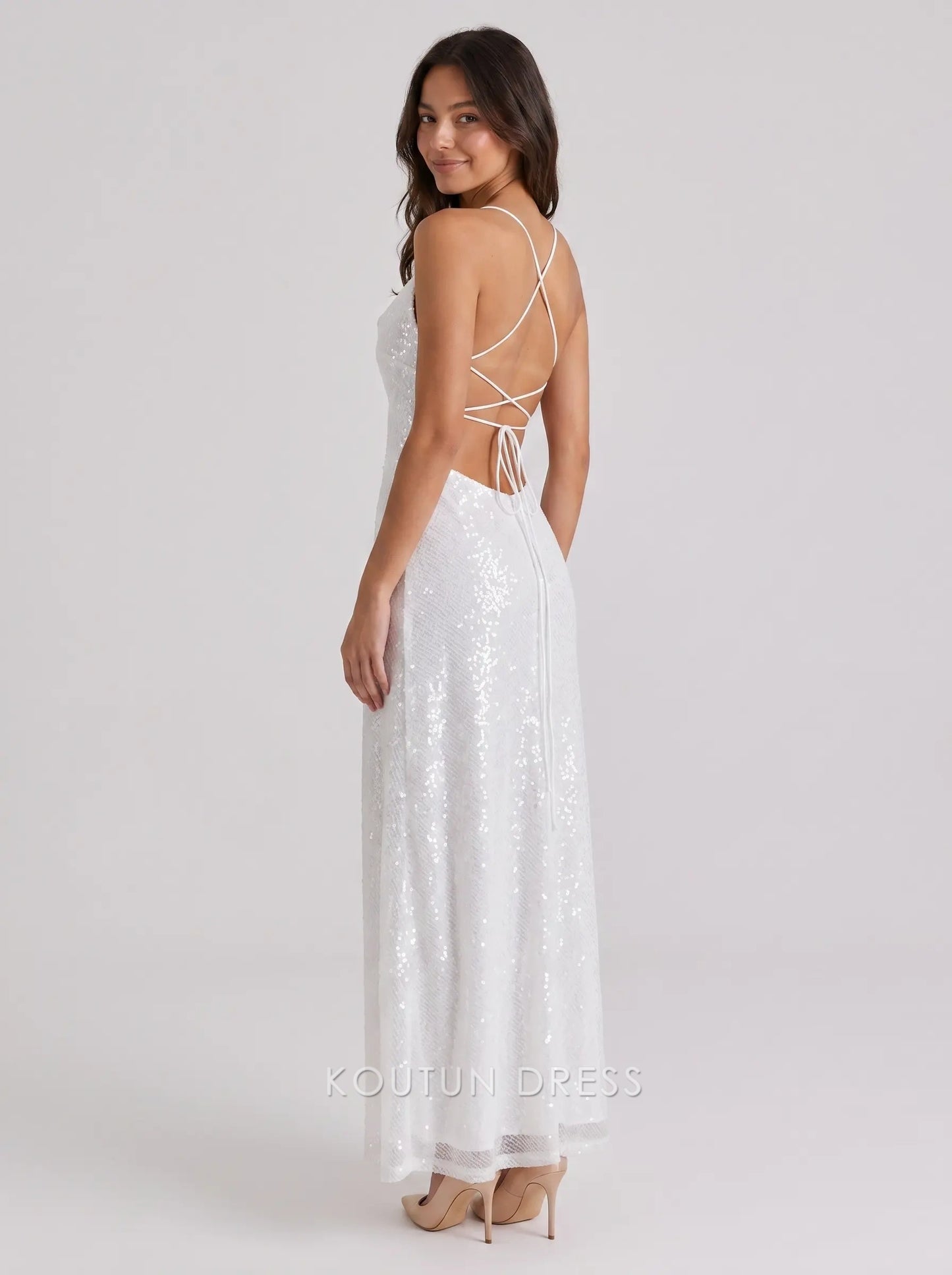 White Sequin Cowl Neck Spaghetti Strap Lace-Up Back Formal Evening Prom Dress